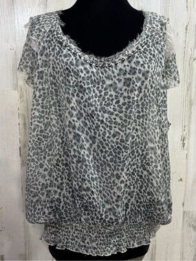 American Rag Plus Size Grey Leopard Print Beaded Neck Blouse